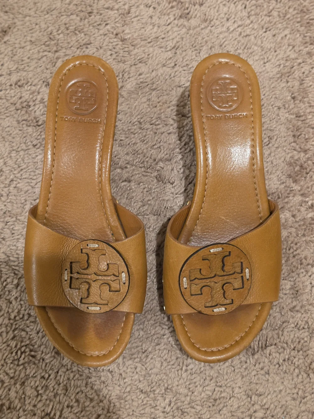 Tory Burch Cognac Leather Logo Slide Wedges